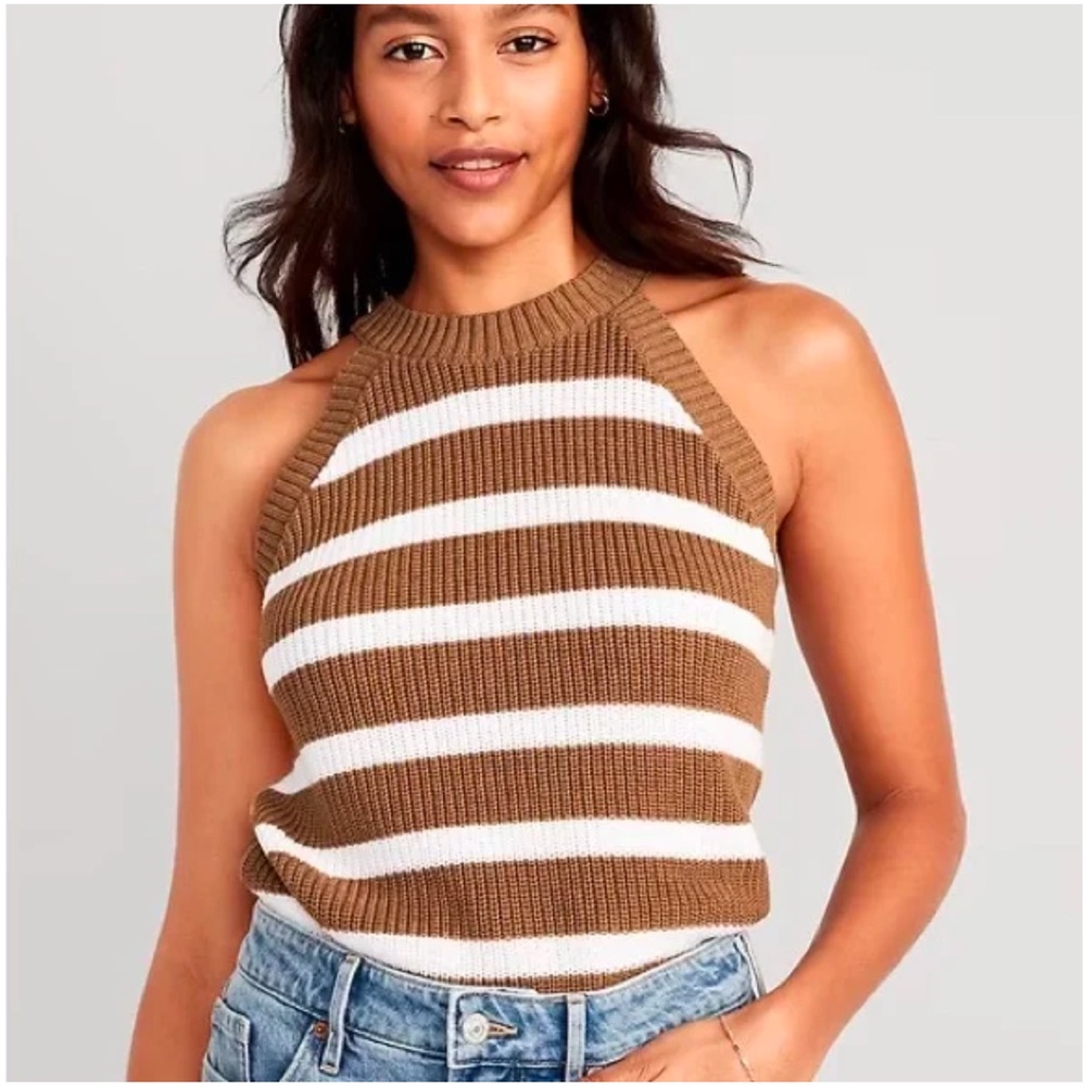 Sleeveless Striped Cropped Shaker-Stitch Sweater for Women